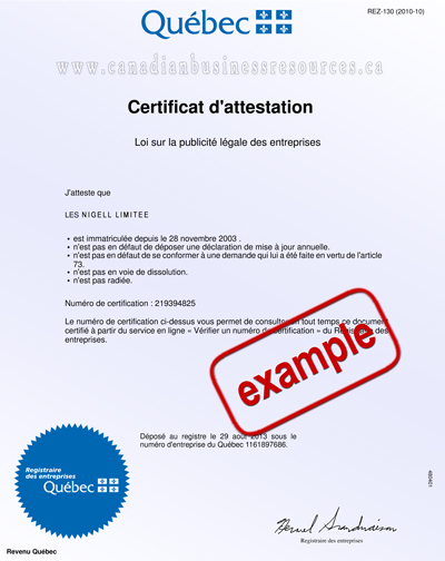 Quebec Certificate of Status