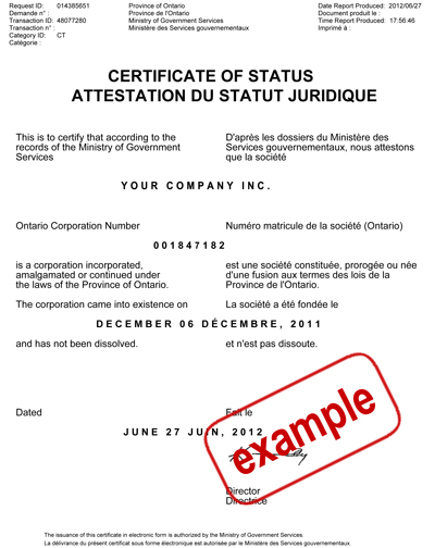 Ontario Certificate of Status 